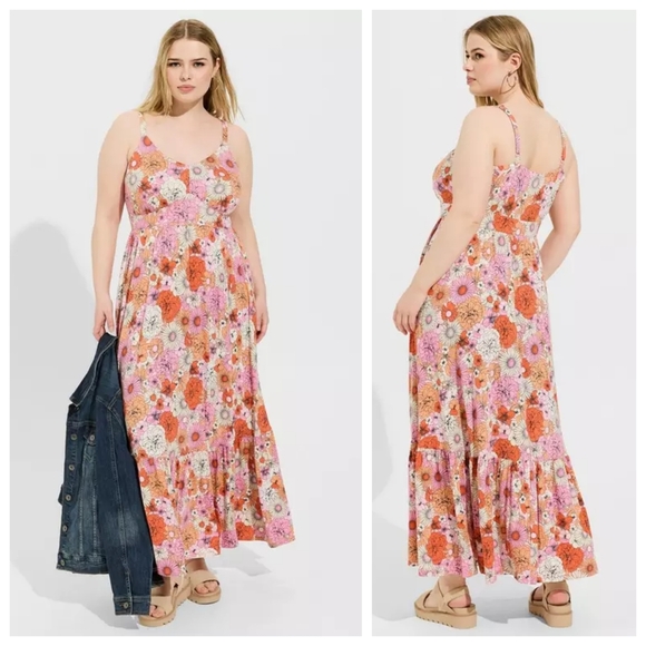 TORRID Super Soft Knit Jersey Floral Pink Orange Tiered Maxi Dress, Size 00, M/L - Picture 1 of 14